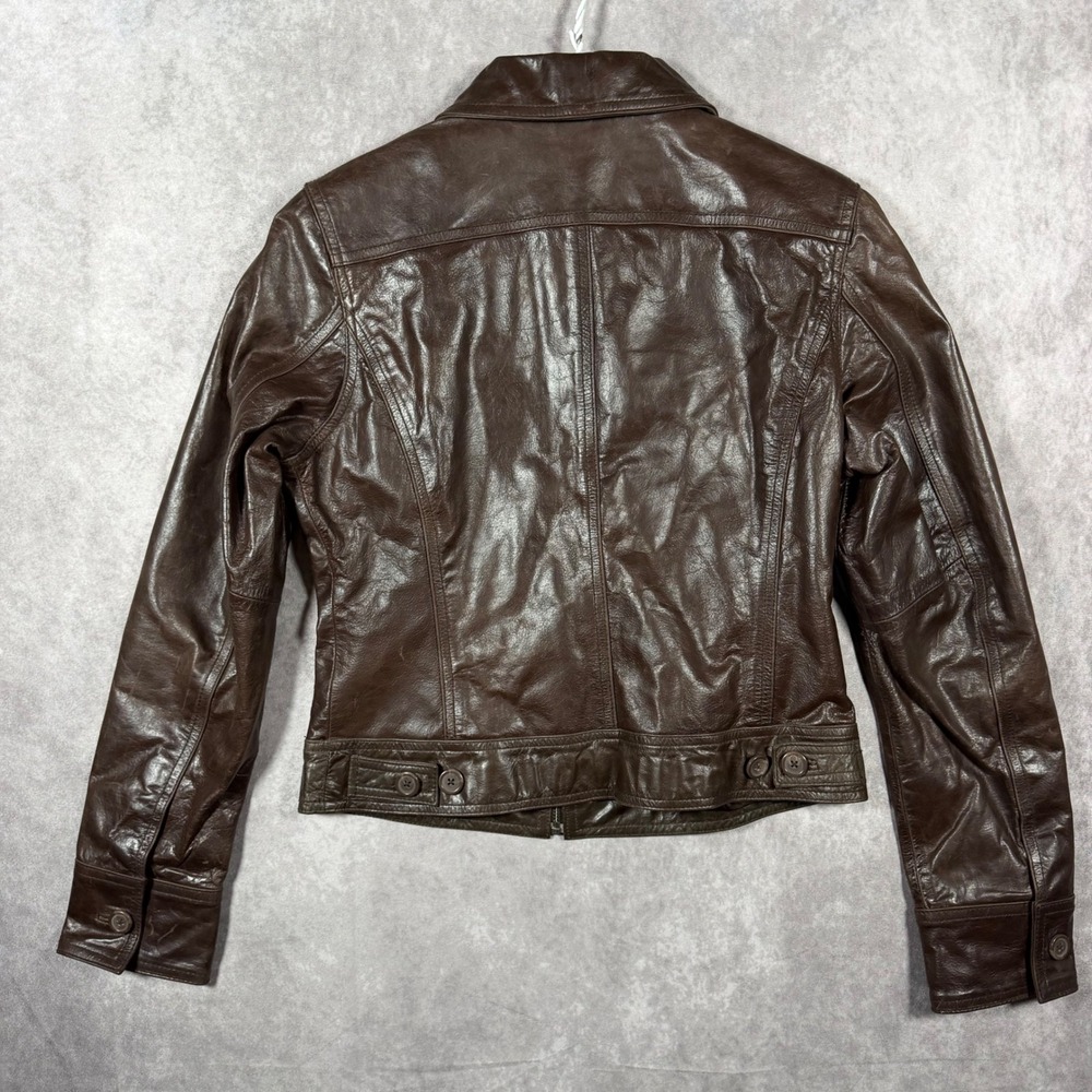VTG Y2k 2002 Mossimo Womens Small Brown Faux Leather Cropped Moto Trucker Jacket - Picture 5 of 11